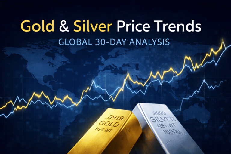 Gold and silver price trends showing global 30-day market analysis with price peaks and volatility